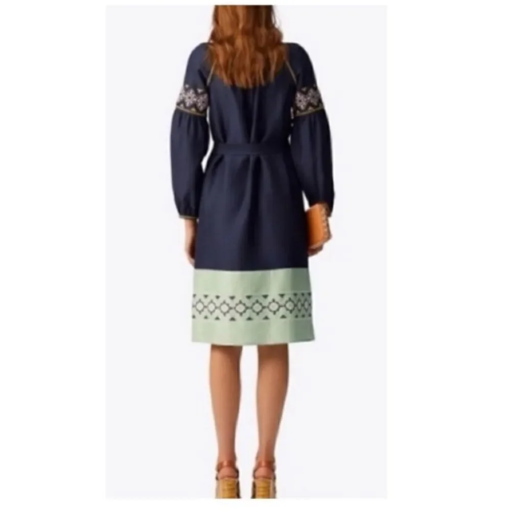 $450 NWT Tory Burch Katya Navy Green Embroidered Tunic Style Midi Dress Size 0